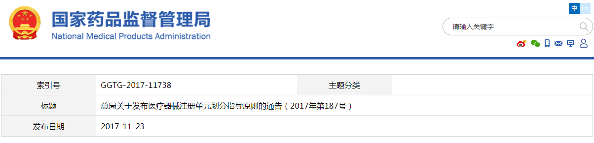 醫(yī)療器械注冊(cè)單元?jiǎng)澐种笇?dǎo)原則（2017年第187號(hào)）(圖1)